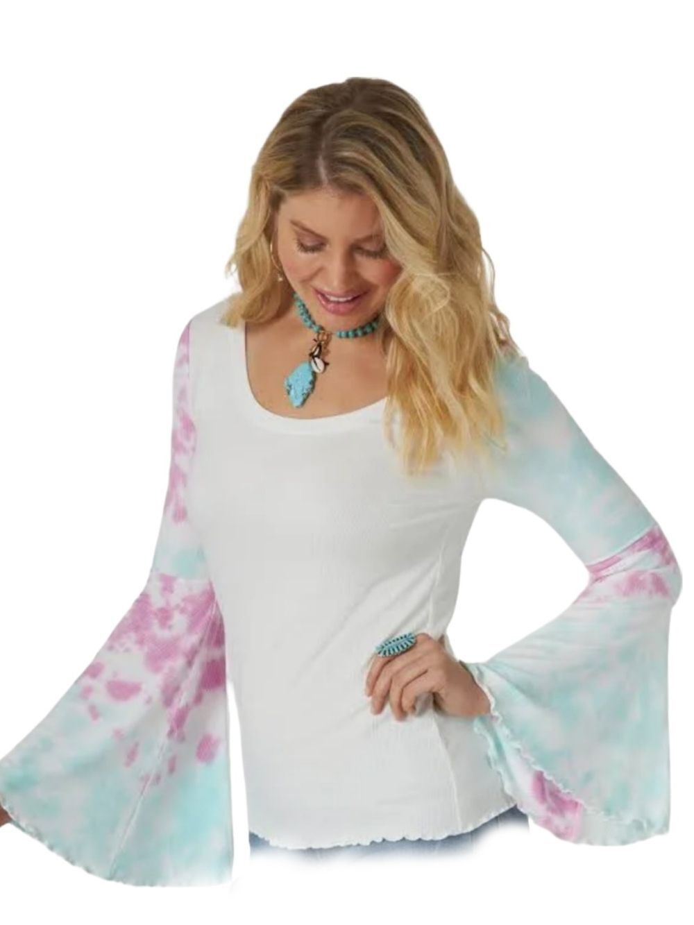 Wrangler Retro Womens White Pink Blue Tie Dye Bell Sleeves Scoop Neck Top NWT L